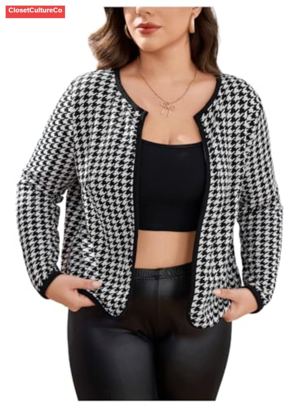 Plus Size Houndstooth Open Front Long Sleeve Casual Jacket